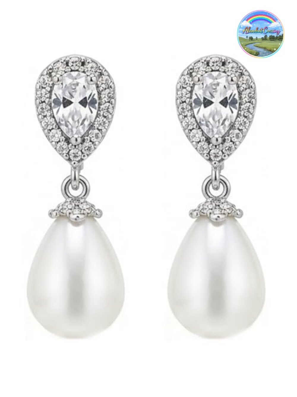 Pearl & CZ Halo Drop Earrings Rhodium Plated Bridal Wedding Comfort Back